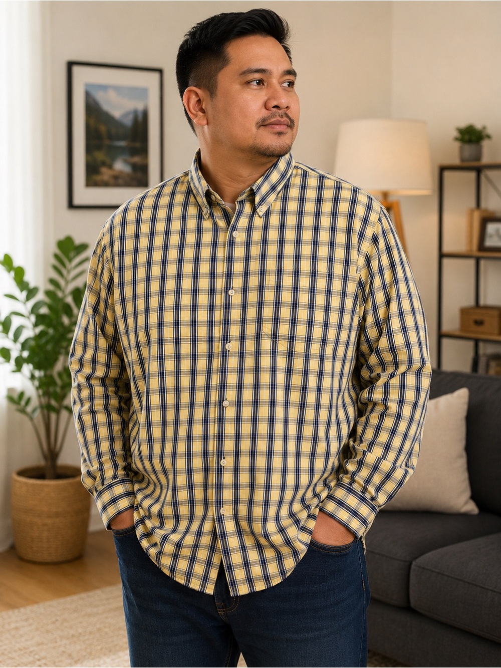 Club Room Men’s Yellow & Navy Plaid Button-Down Shirt XL 100% cotton